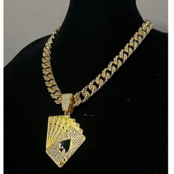 Hip Hop Iced Out Fully Rhinestone Gold Card Pendant & Cuban Chain Necklace 18" - Picture 2 of 13
